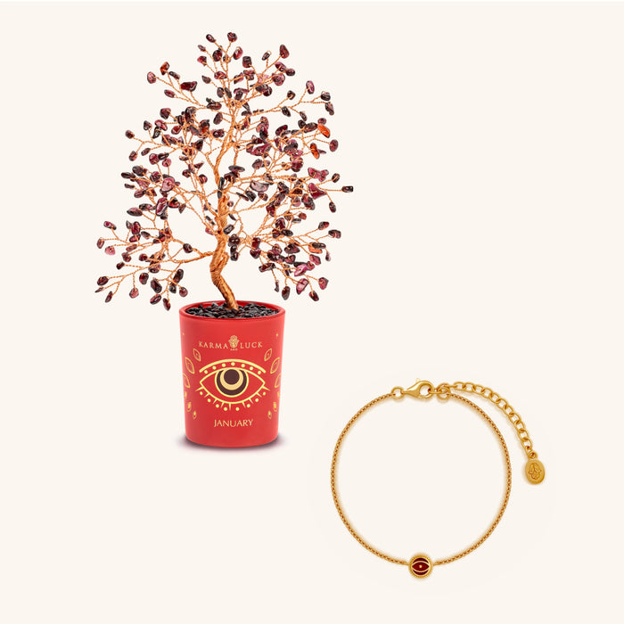 Ambitious Spirit Garnet January Birthday Tree & Evil Eye Bracelet Set