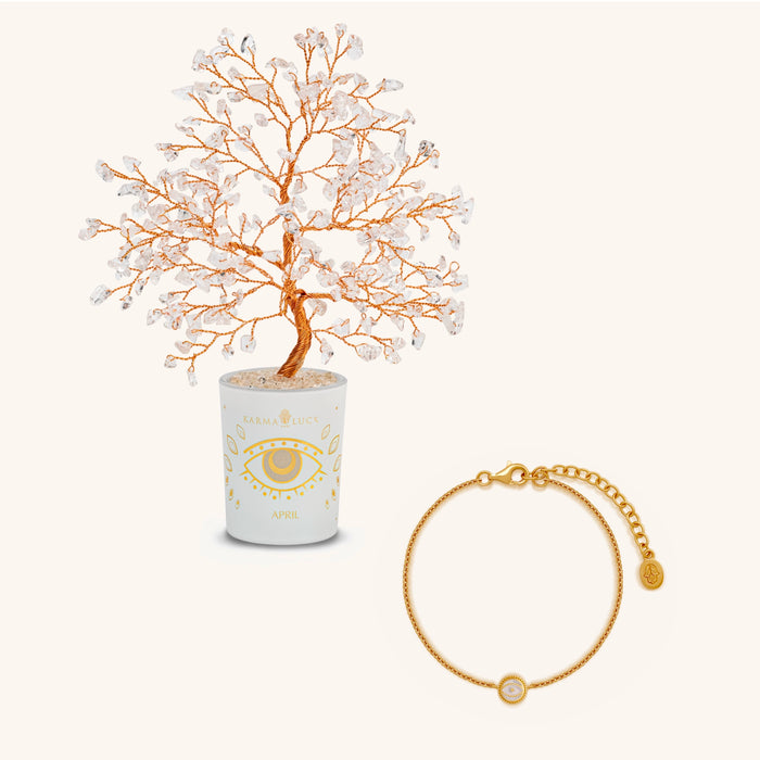 Luminous Clarity Clear Quartz April Birthday Tree & Evil Eye Bracelet Set