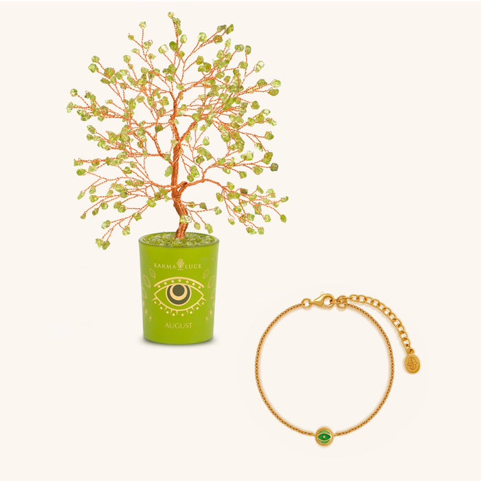 Inspired Spirit Peridot August Birthday Tree & Evil Eye Bracelet Set