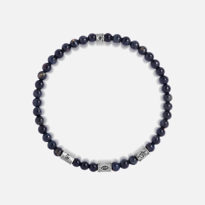 Eternal Gratitude Blue Tiger’s Eye Mantra Barrel Silver Bracelet