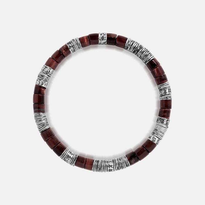 Echoes of Intention Red Tiger Eye Mantra Heishi Silver Bracelet
