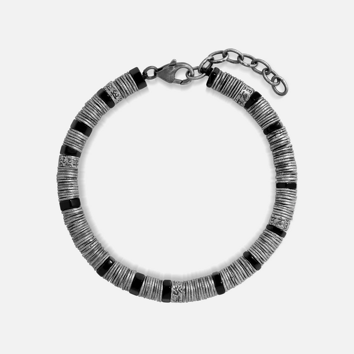 Defined Balance Silver Heishi & Mantra Onyx Bracelet