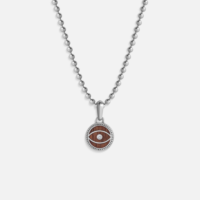 Distinguished Guardian Wood Evil Eye Charm Silver Necklace