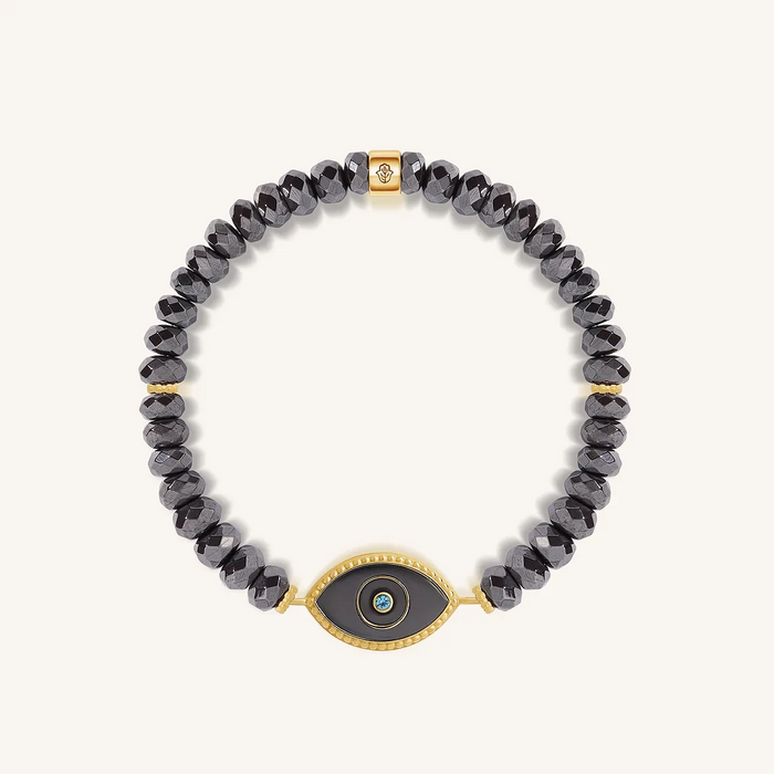 Steady Light Evil Eye Hematite & Aquamarine Gold Bracelet