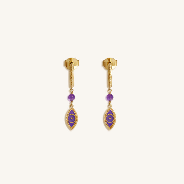 Radiant Clarity Amethyst Evil Eye Gold Earrings