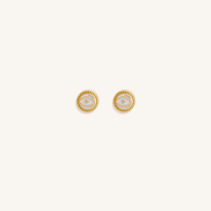 Luminous Shield White Quartz April Birthstone Evil Eye Gold Stud Earrings