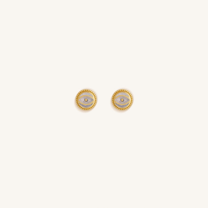 Lunar Sentinel Moonstone June Birthstone Evil Eye Gold Stud Earrings