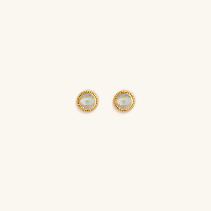 Luminous Shield Opal October Birthstone Evil Eye Gold Stud Earrings