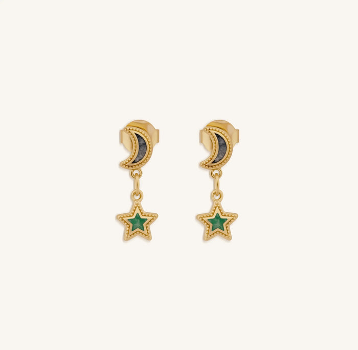 Celestial Vibrations Apatite & Amazonite Moon & Star Gold Earrings