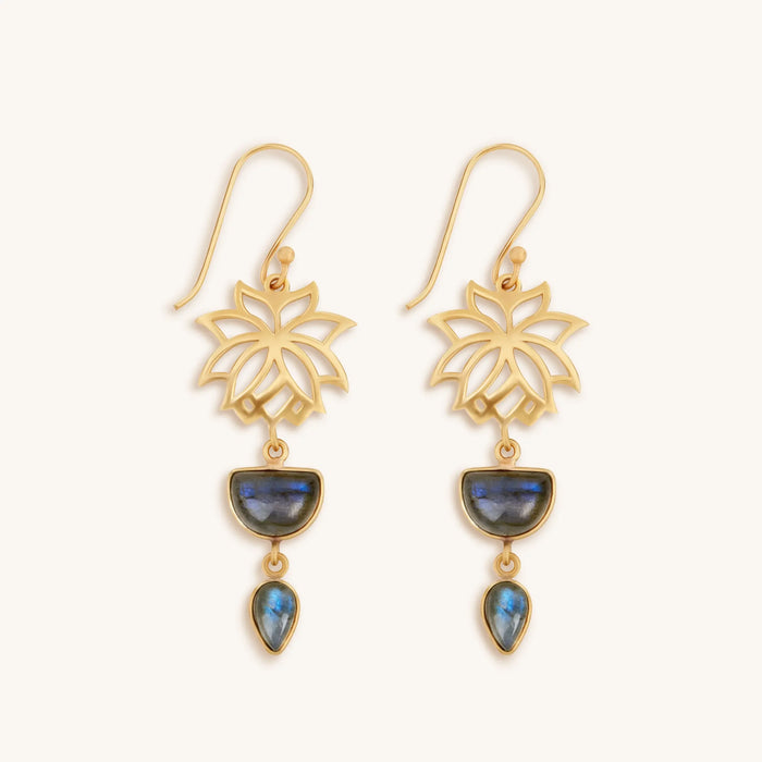 Subtle Movement Gold Lotus Labradorite Earrings