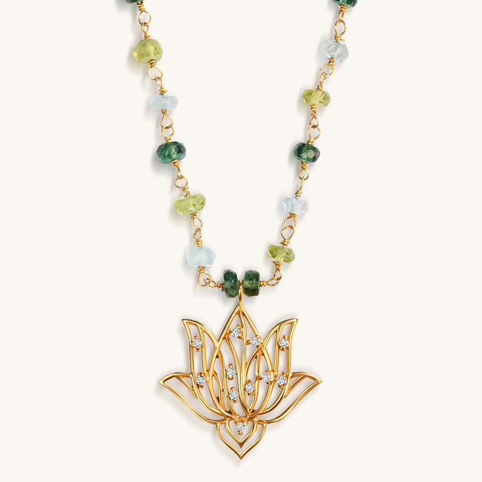 Genuine Enlightenment Lotus Peridot Aquamarine Apatite Necklace