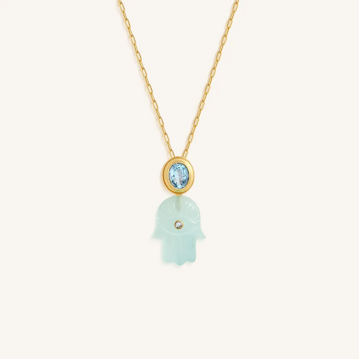 Guiding Grace Chalcedony Blue Topaz Hamsa Necklace