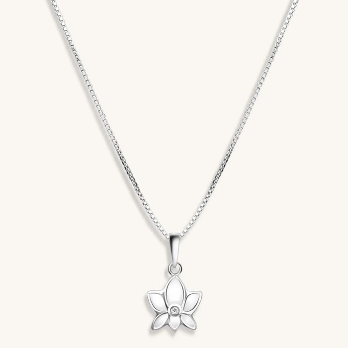 Divine Virtue White Enamel Diamond Lotus Necklace