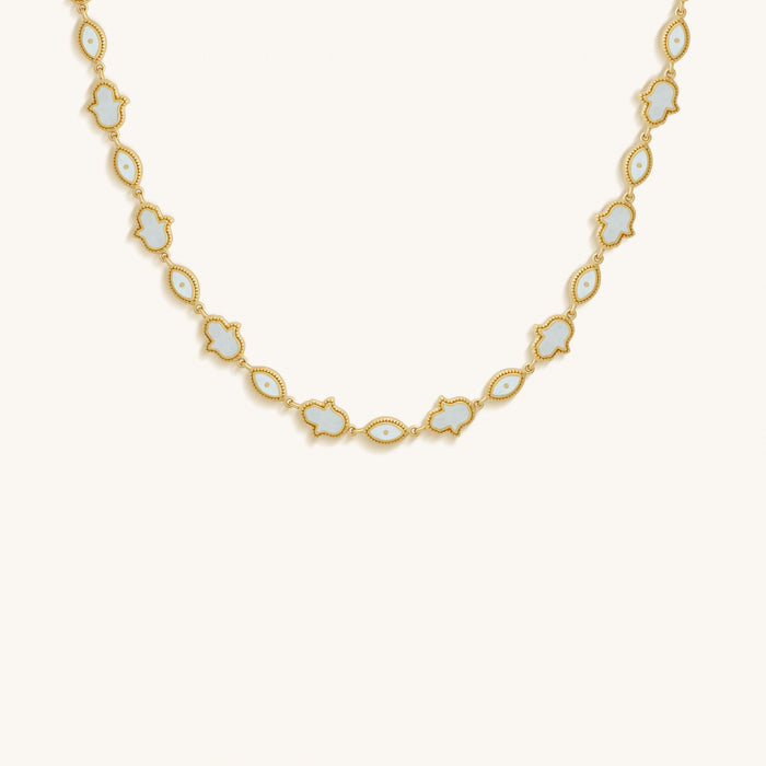 Lunar Alignment Rainbow Moonstone Hamsa & Evil Eye Gold Necklace