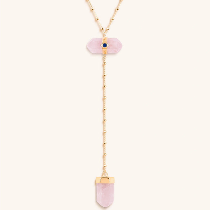 Open Hearted Gold Rose Quartz Evil Eye Double Pointer Necklace