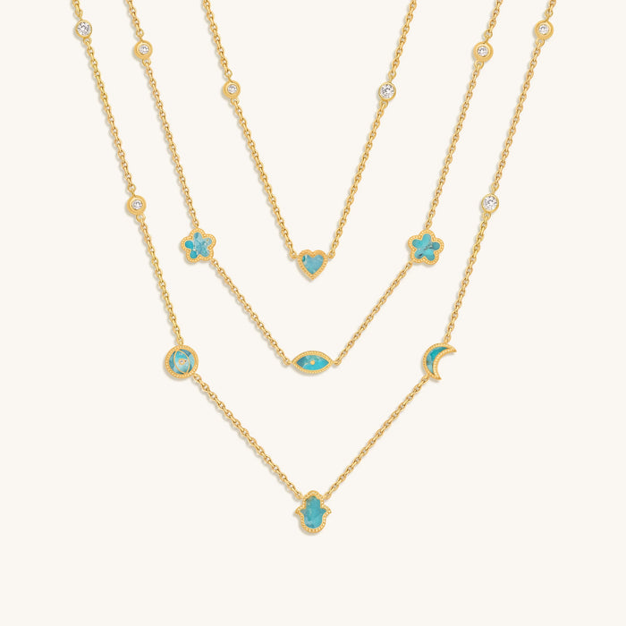 Everlasting Blessings Turquoise Multi-Symbol Gold Layer Necklace