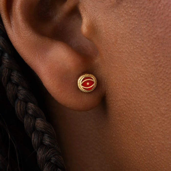 Crimson Guardian Ruby Jade July Birthstone Evil Eye Gold Stud Earrings