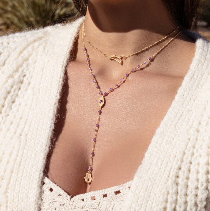 Karma and Luck Necklace - Peace of Spirit - Amethyst Evil Eye Hamsa Lariat Necklace