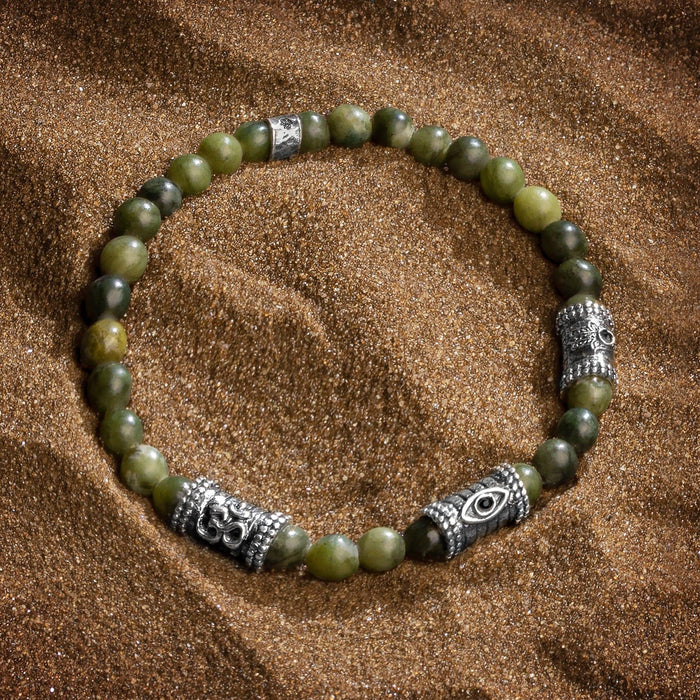 Karma and Luck Bracelets - Mens - SS/OXI TRIPLE TUBE OM EYE HAMSA JADE MENS ELASTIC BRACELET