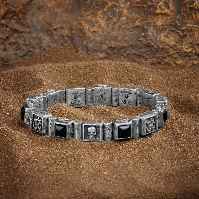 Karma and Luck Bracelets - Mens - SS/OXI MENS ELASTIC BRACELET SQUARE SYMBOLS AND ONYX, AND MANTRA TUBE