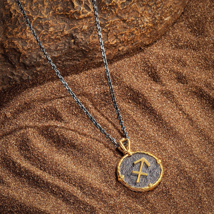 Karma and Luck Necklaces - Mens - BR/BLKGP/GP THICK ZODIAC NECK (BR WITH GP PEND & SS NECK)