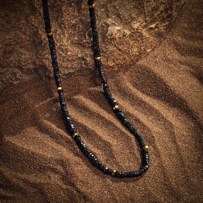 Karma and Luck Necklaces - "*Base Metal:- Brass *Gold Plated Make as Men's Choker Necklace 17-19 inches Gemstone:- Black Onyx Hexagon Heishi 4mm with some Blue Opal sprinkled *Lobster Lock"