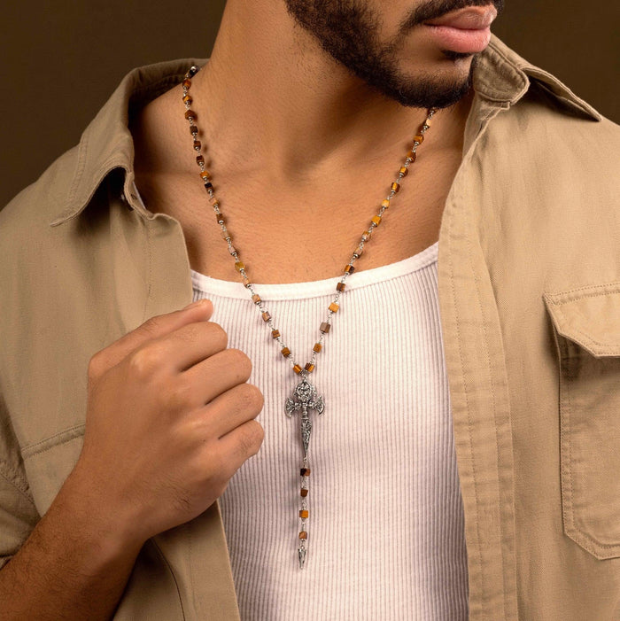 Divine Honor - Tiger's Eye Maltese Cross Pendant Necklace