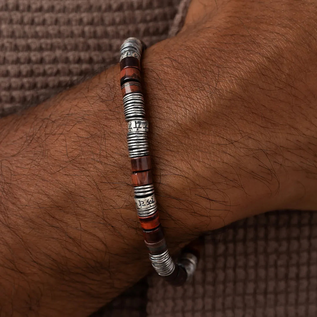 Echoes of Intention Red Tiger Eye Mantra Heishi Silver Bracelet