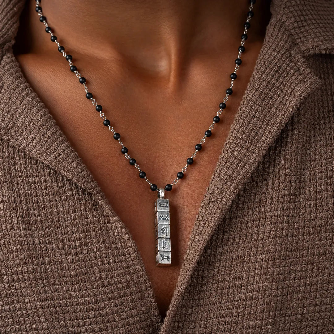 Timeless Legacy Wood Hieroglyphics Charm Silver Necklace