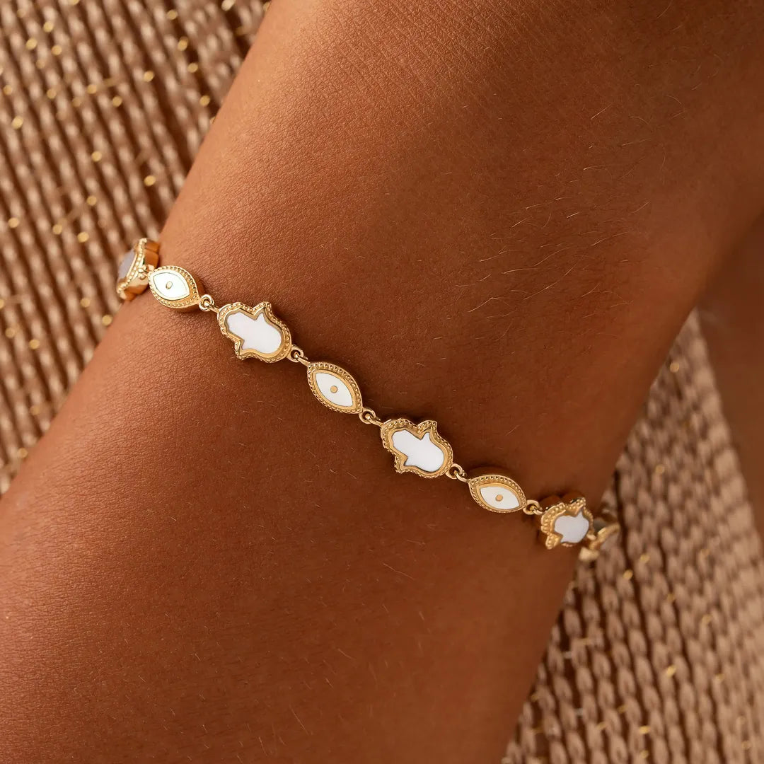 Sacred Light Mother of Pearl Evil Eye & Hamsa Gold Bracelet