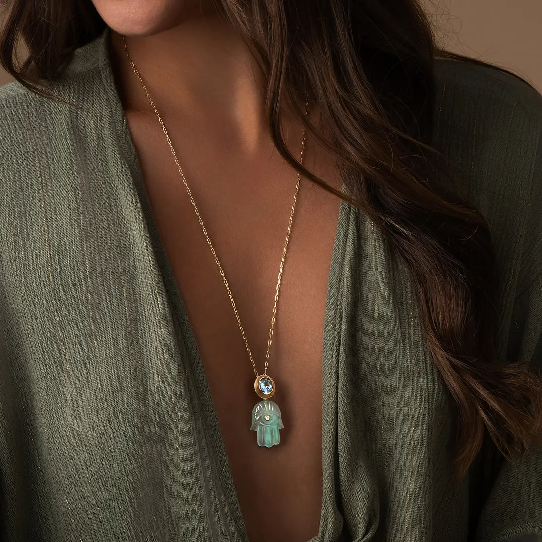 Guiding Grace Chalcedony Blue Topaz Hamsa Necklace