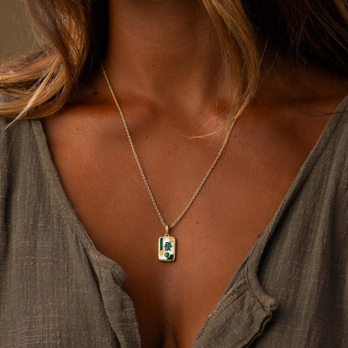 Prosperity Green Dragon Multi-Stone Mahjong Necklace – image 2
