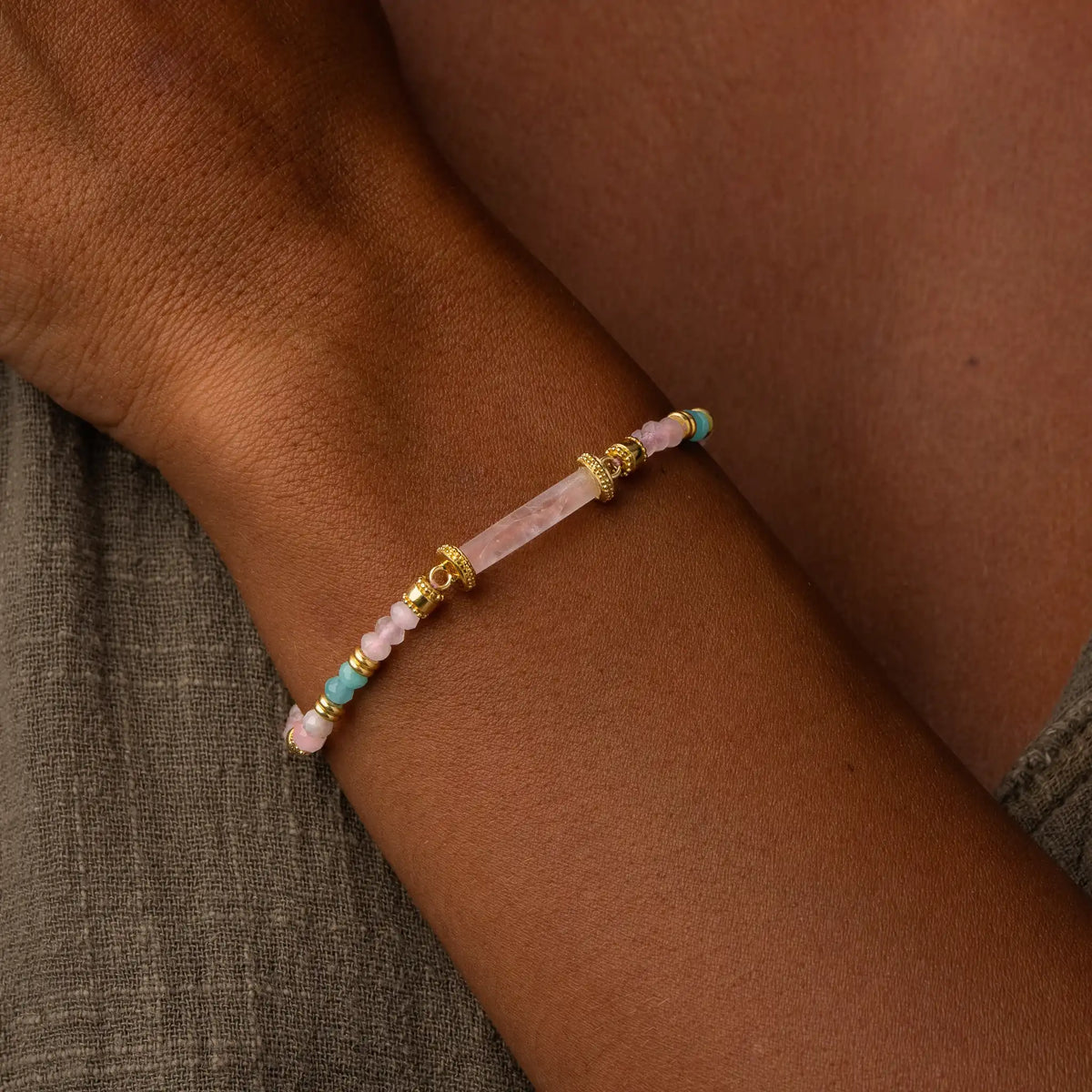 Open Heart Rose Quartz Center Tube Beaded Bracelet – image 2