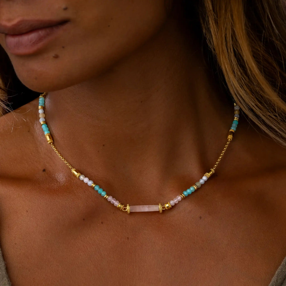 Nurturing Energy Rose Quartz Center Tube Beaded Necklace – image 2