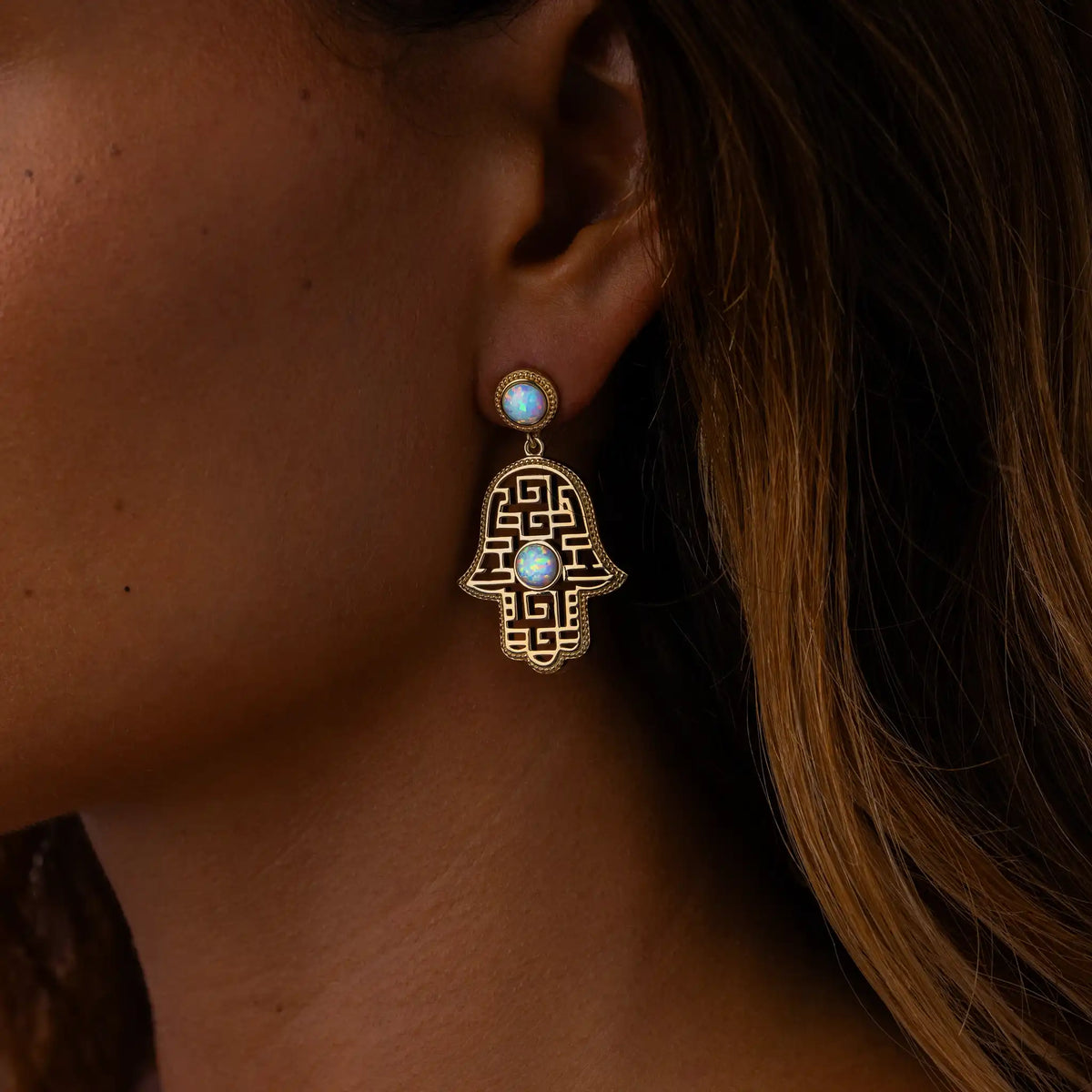 Heritage Light Hamsa Opal Drop Earrings