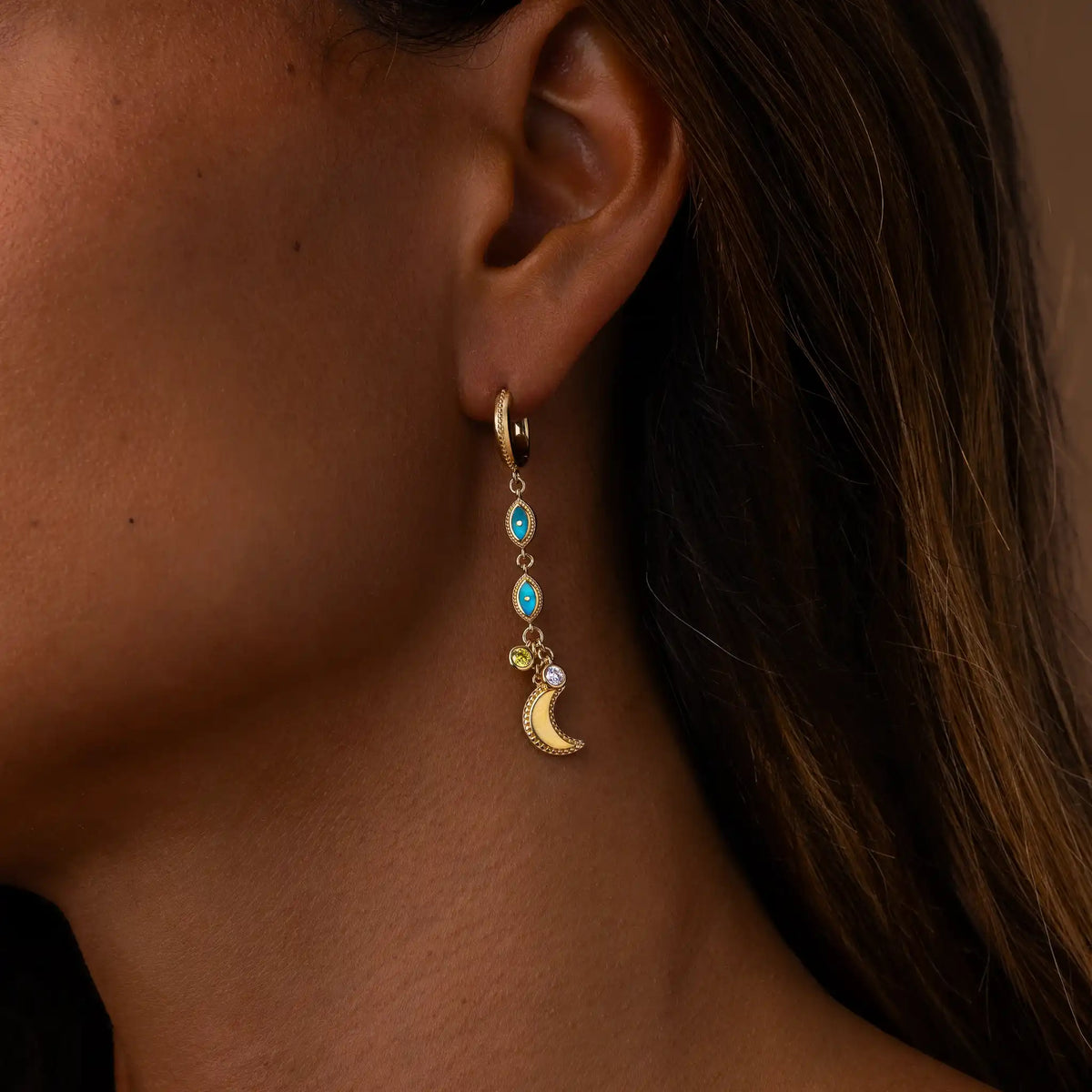 Lucky Crescent Moon & Evil Eye Multi-Stone Earrings – image 2