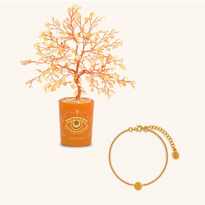 Golden Fortune Citrine November Birthday Tree & Evil Eye Bracelet Set
