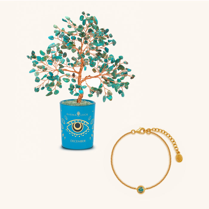Harmonious Spirit Turquoise December Birthday Tree & Evil Eye Bracelet Set