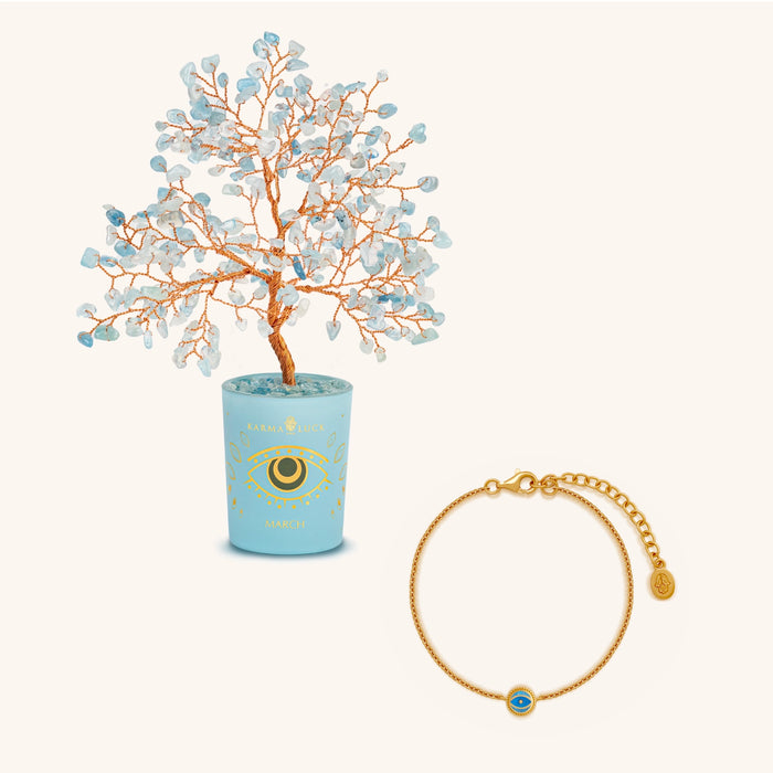 Ethereal Grace Aquamarine March Birthday Tree & Evil Eye Bracelet Set