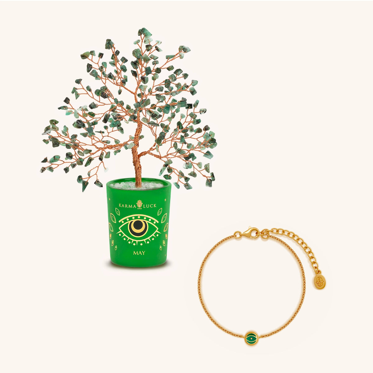 Verdant Fortune Emerald May Birthday Tree & Evil Eye Bracelet Set