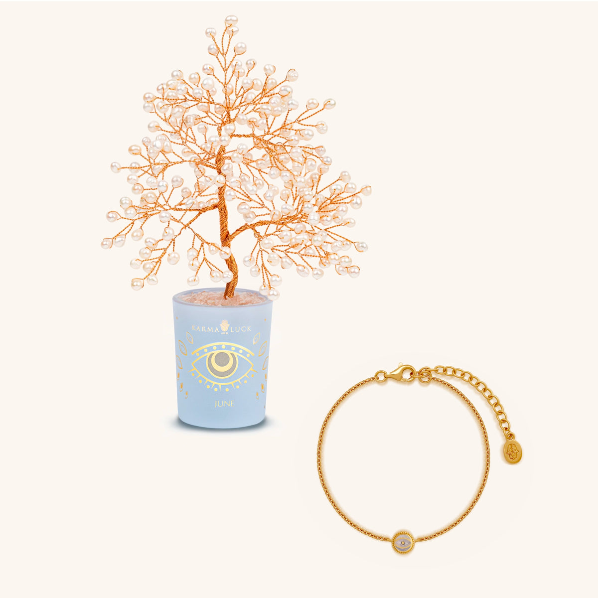 Lunar Grace Pearl June Birthday Tree & Evil Eye Bracelet Set