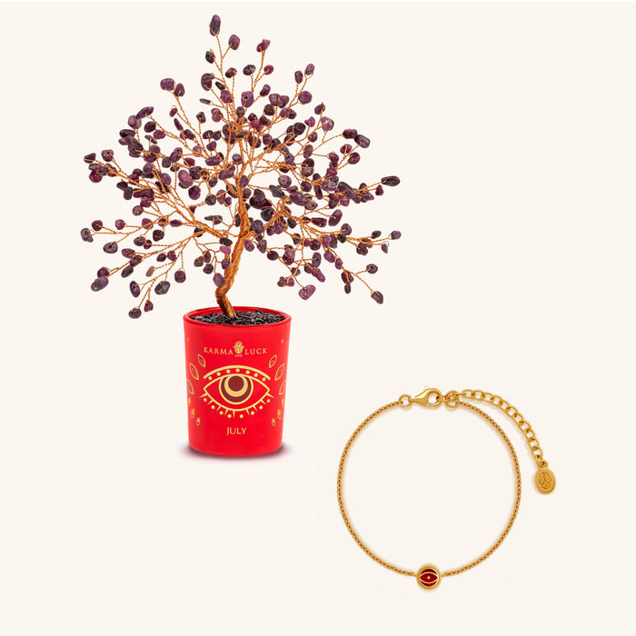 Bold Devotion Ruby July Birthday Tree & Evil Eye Bracelet Set