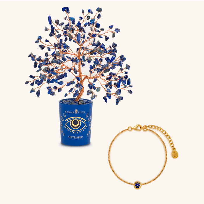Inner Wisdom Lapis September Birthday Tree & Evil Eye Bracelet Set
