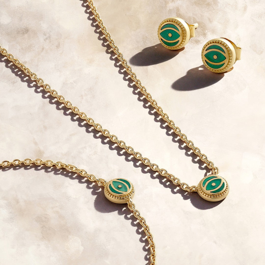 Verdant Guardian Emerald Agate May Birthstone Evil Eye Gold Stud Earrings