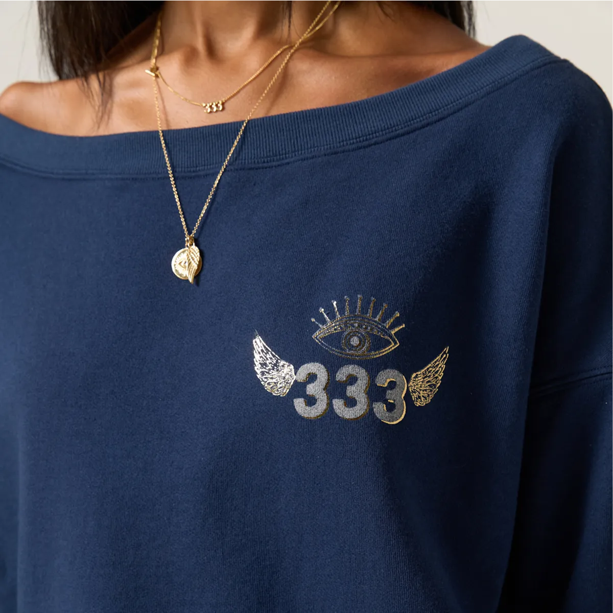 333 La Vida Indigo Off The Shoulder Sweatshirt