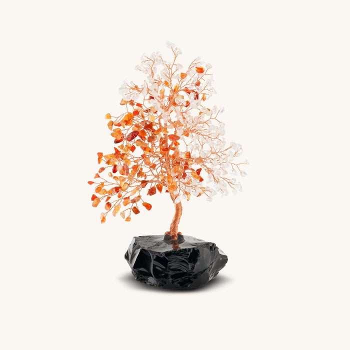 Harmonized Spirit Clear Quartz & Carnelian Feng Shui Tree on Black Onyx
