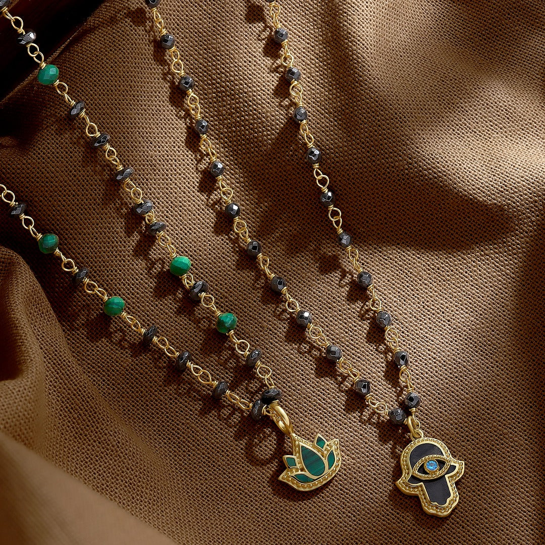 Celestial Flow Hamsa Hematite & Aquamarine Necklace