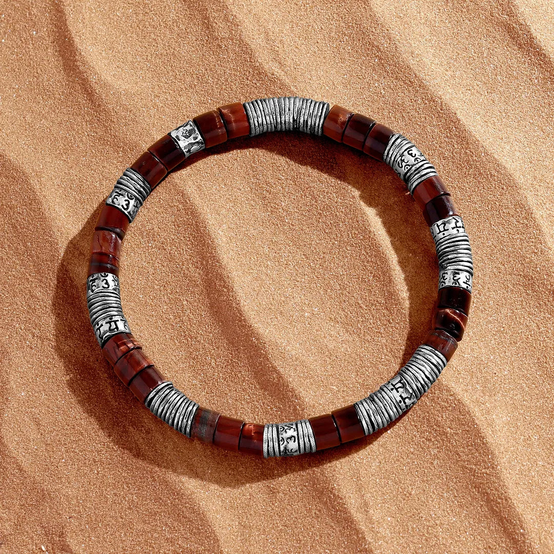 Echoes of Intention Red Tiger Eye Mantra Heishi Silver Bracelet