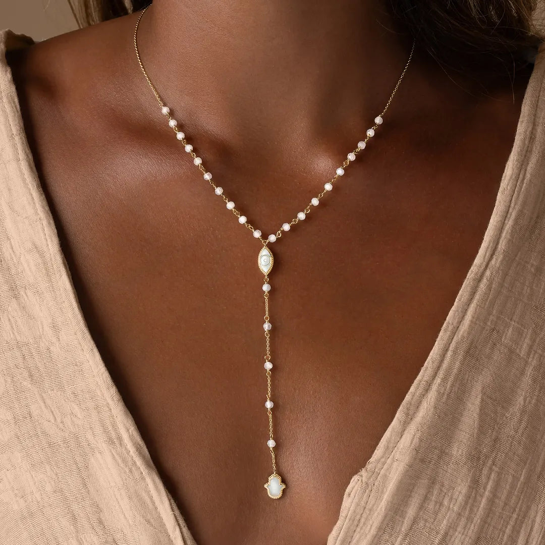 Fresh Ambition Moonstone Evil Eye & Hamsa Gold Necklace