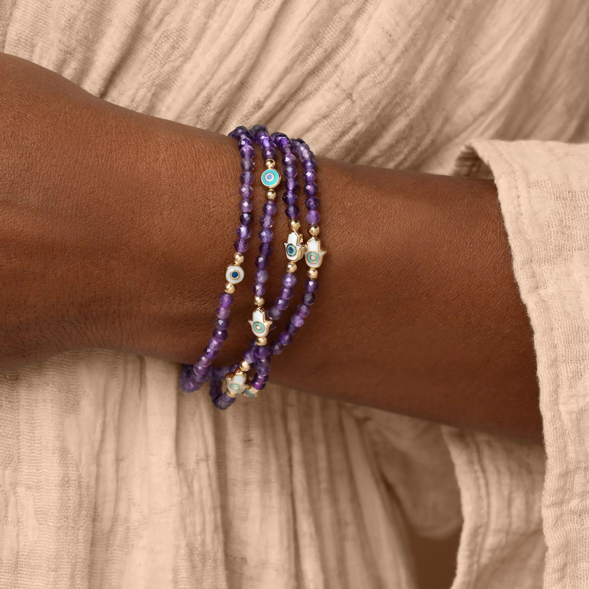 Inner Wisdom Amethyst Hamsa Evil Eye Charm Bracelet